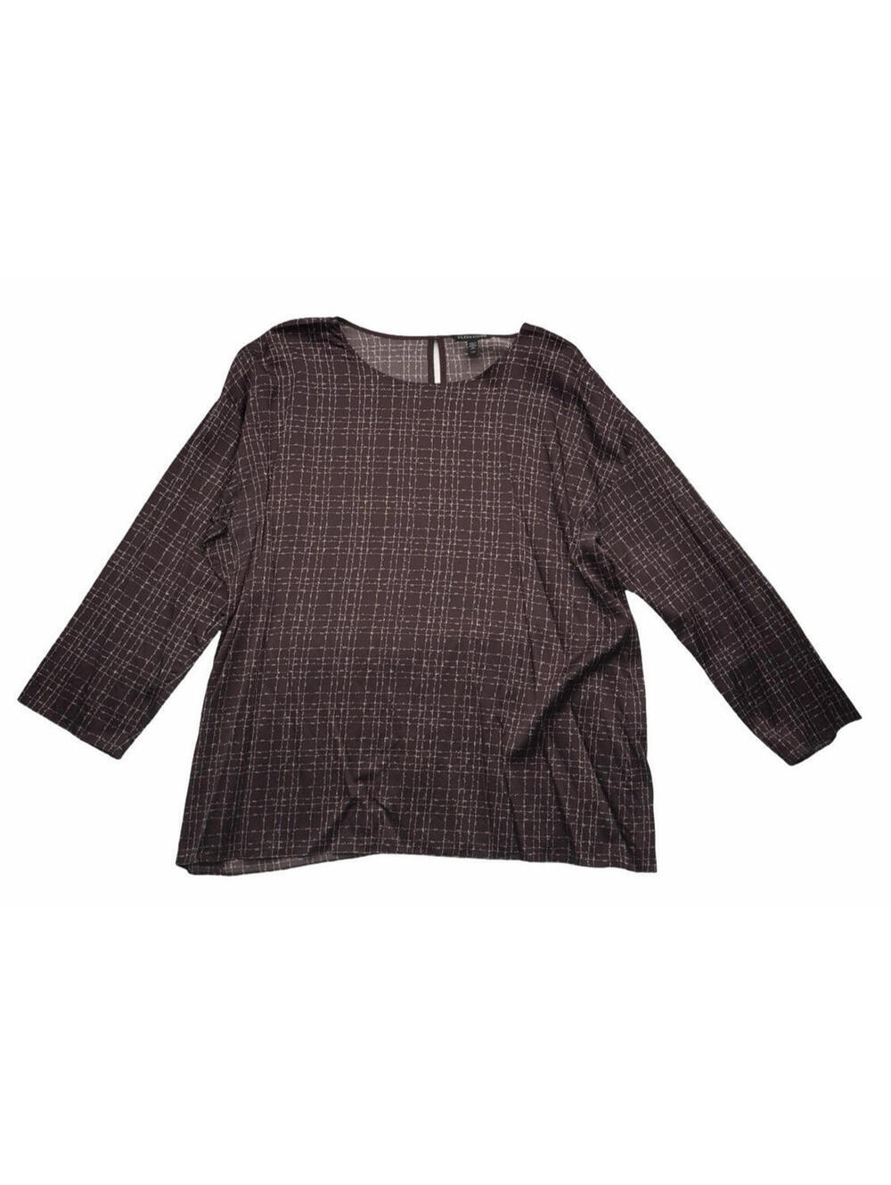 Eileen Fisher Stretch Silk Round Neck Top Check Plum Size L